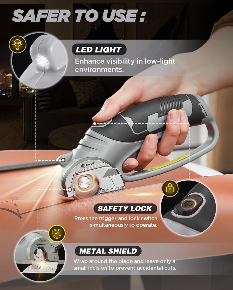 Saker Box Cutter Electric Cordless: Card board Cutter Scissors for Fabric Leather Paper Plastic - Cardboard Cutting Tool with 4V Recharged Battery - Safety Lock and LED Light for Cutting,Grey - Image 3